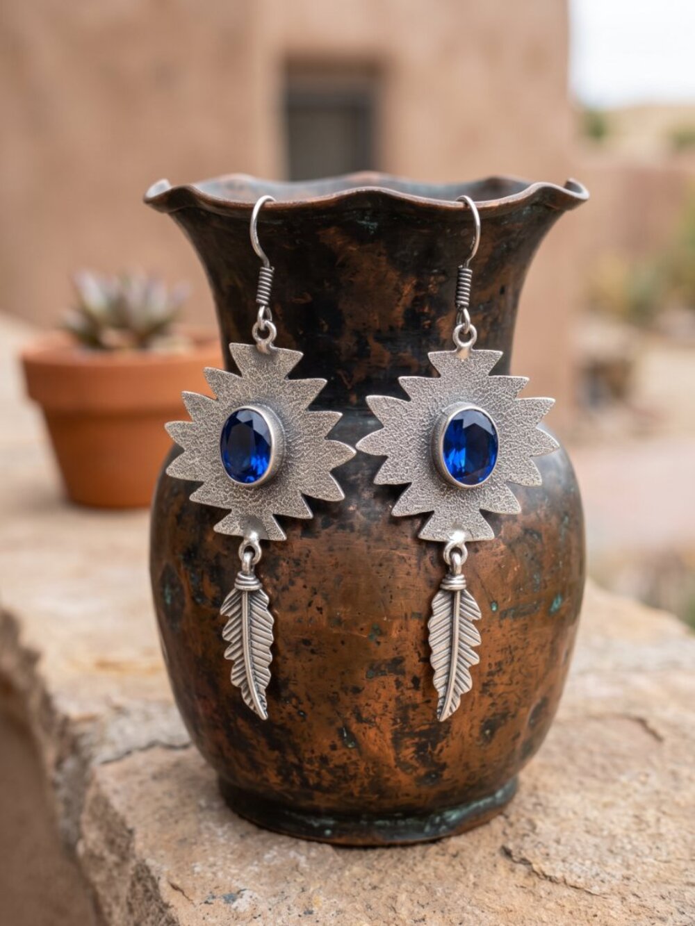 Sunburst Feather 925 Sterling Silver Earrings Blue Crystal Southwestern Drop 3"